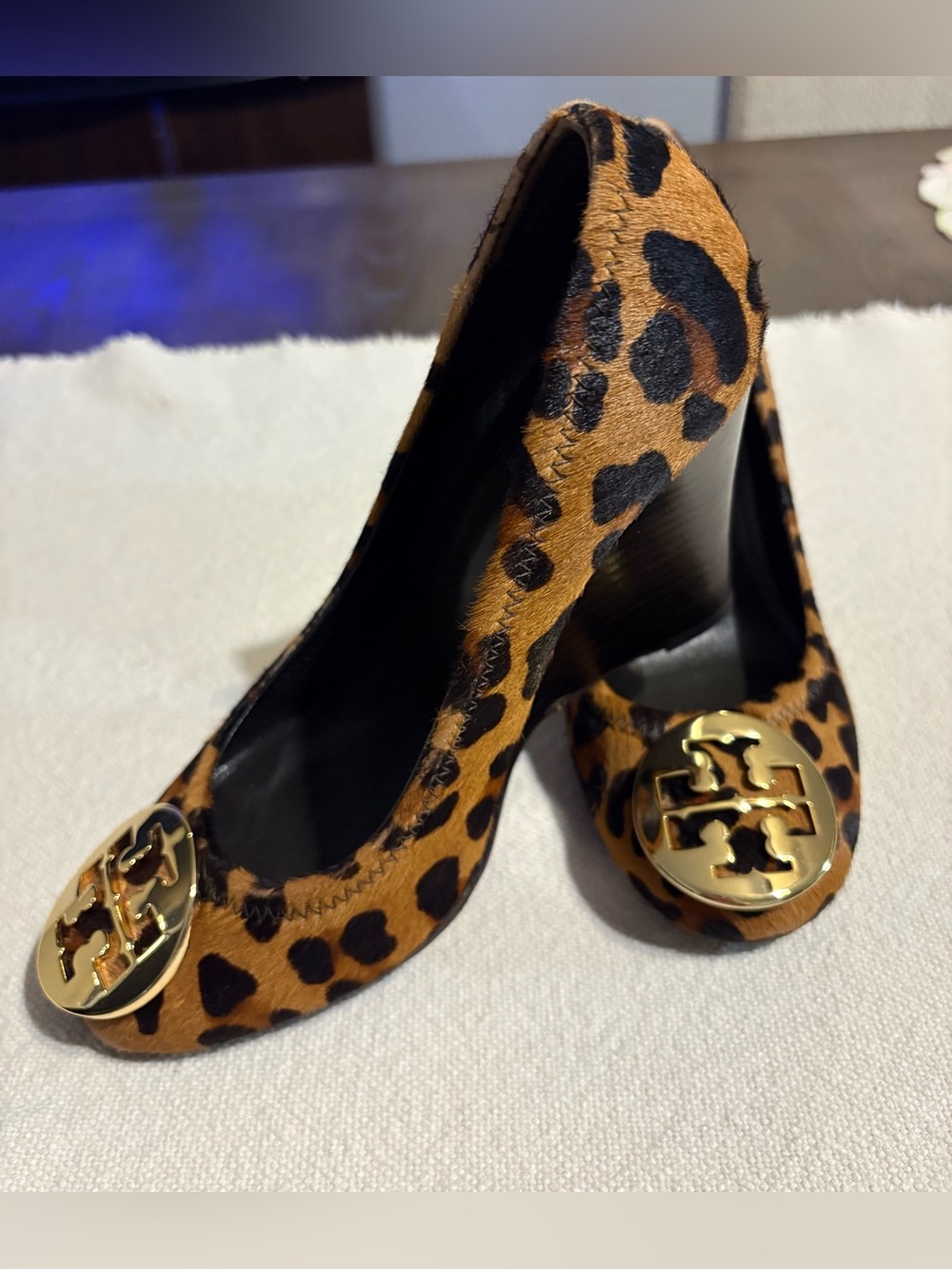 Tory Burch Leopard Print Pony Hair Wedges with Gold Logo Medallion